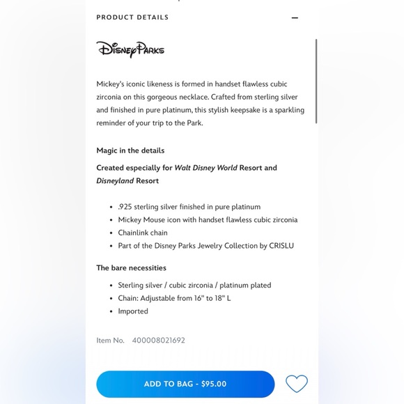 Disney Micky Mouse Sterling Silver dipped in Platinum with cubic zirconia - Picture 5 of 6